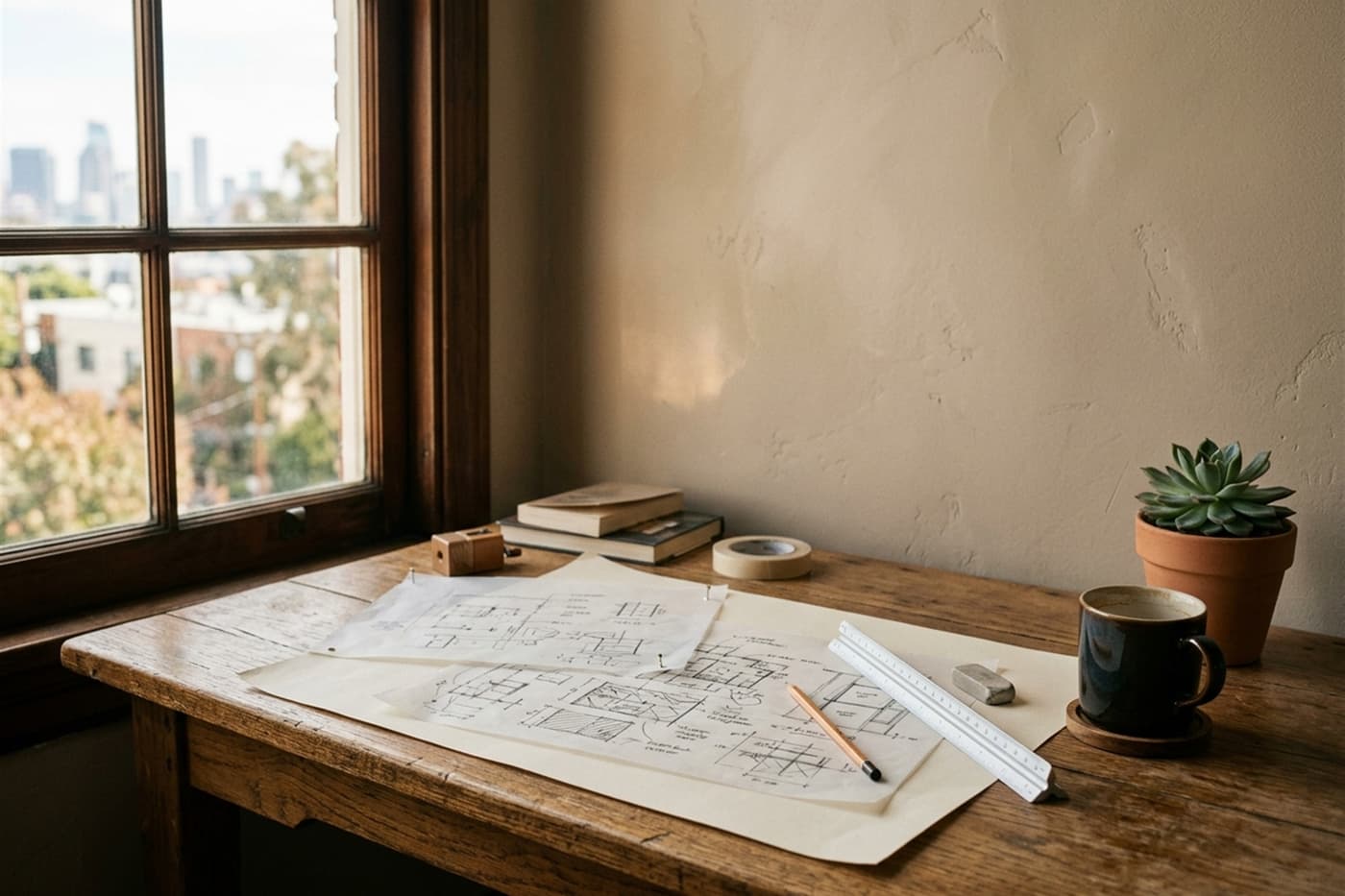 An architect's desk with floor plans, a pencil and a small plant