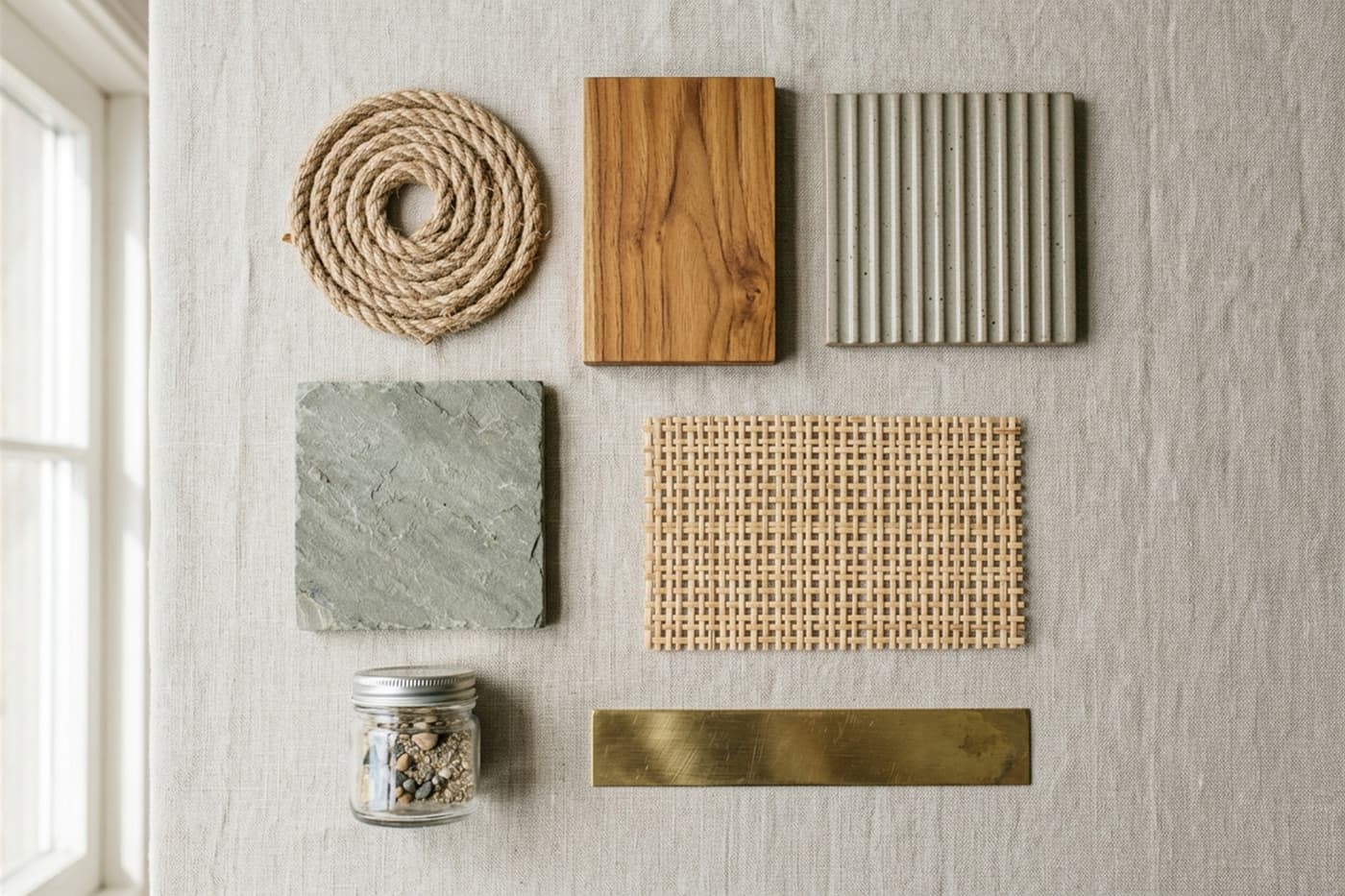 Jute rope, teak, ribbed ceramic, stone, rattan, glass and brass laid out together