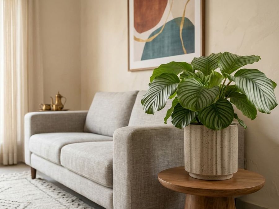 A living room corner with decor pieces styled on a table
