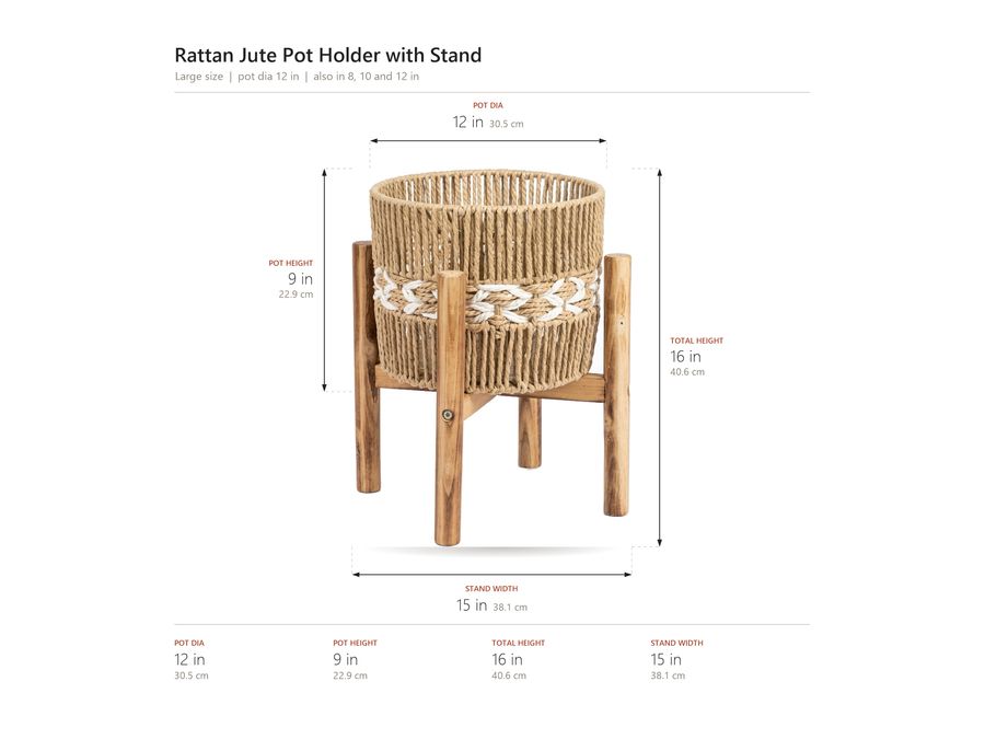 A product drawing of a rattan pot holder with its width and height marked in inches